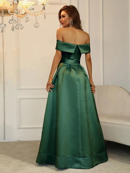 Additional product view of Belted Off-Shoulder Satin High-Slit A-Line Evening Gown