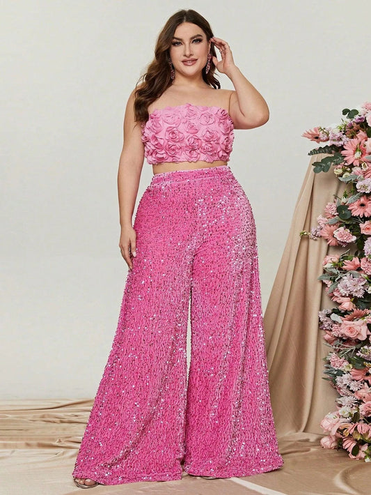Plus-Size Strapless Sequin Women's Two-Piece Formal Set in Pink