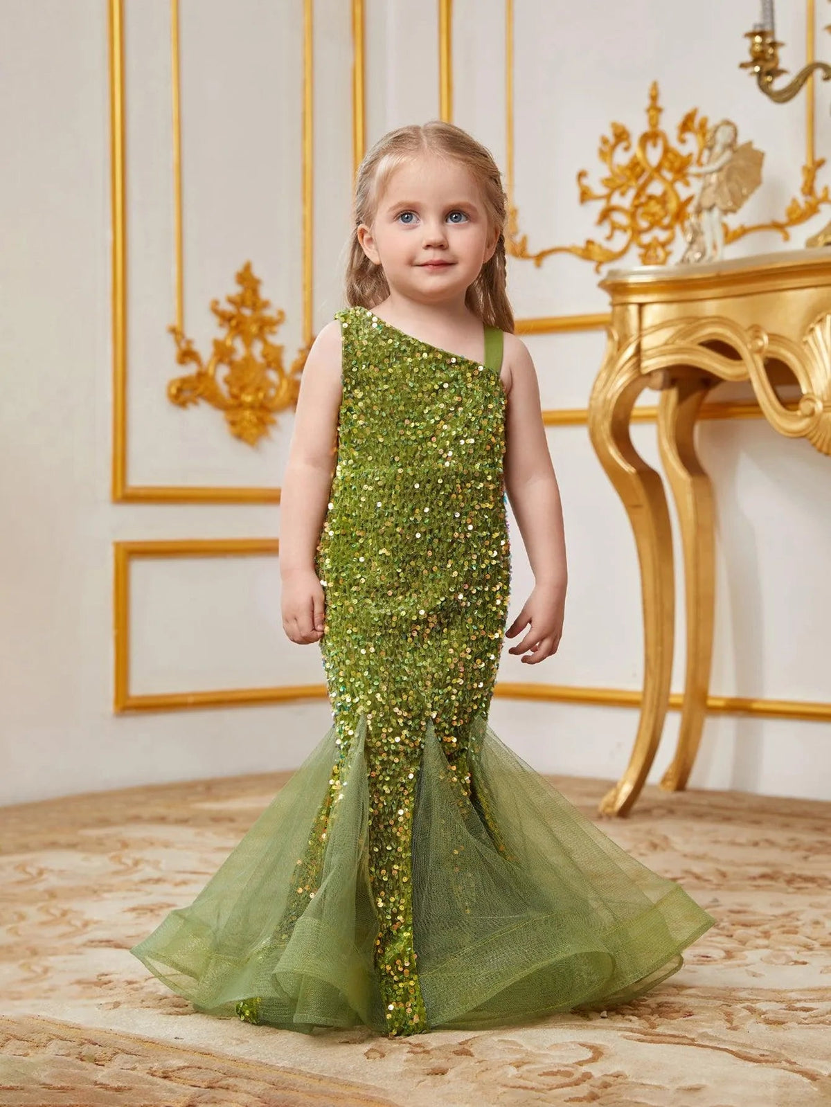 Additional product view of Mesh Insert Mermaid Hem One-Shoulder Sequin Sleeveless Young Girls' Party Dress