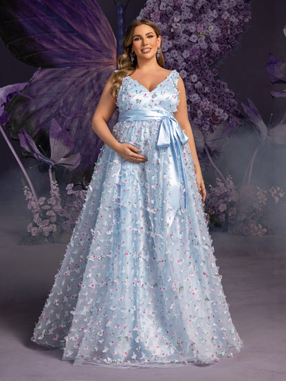 Plus-Size Maternity Plunging Tulle Sleeveless A-Line Evening Gown — authorized product image 1