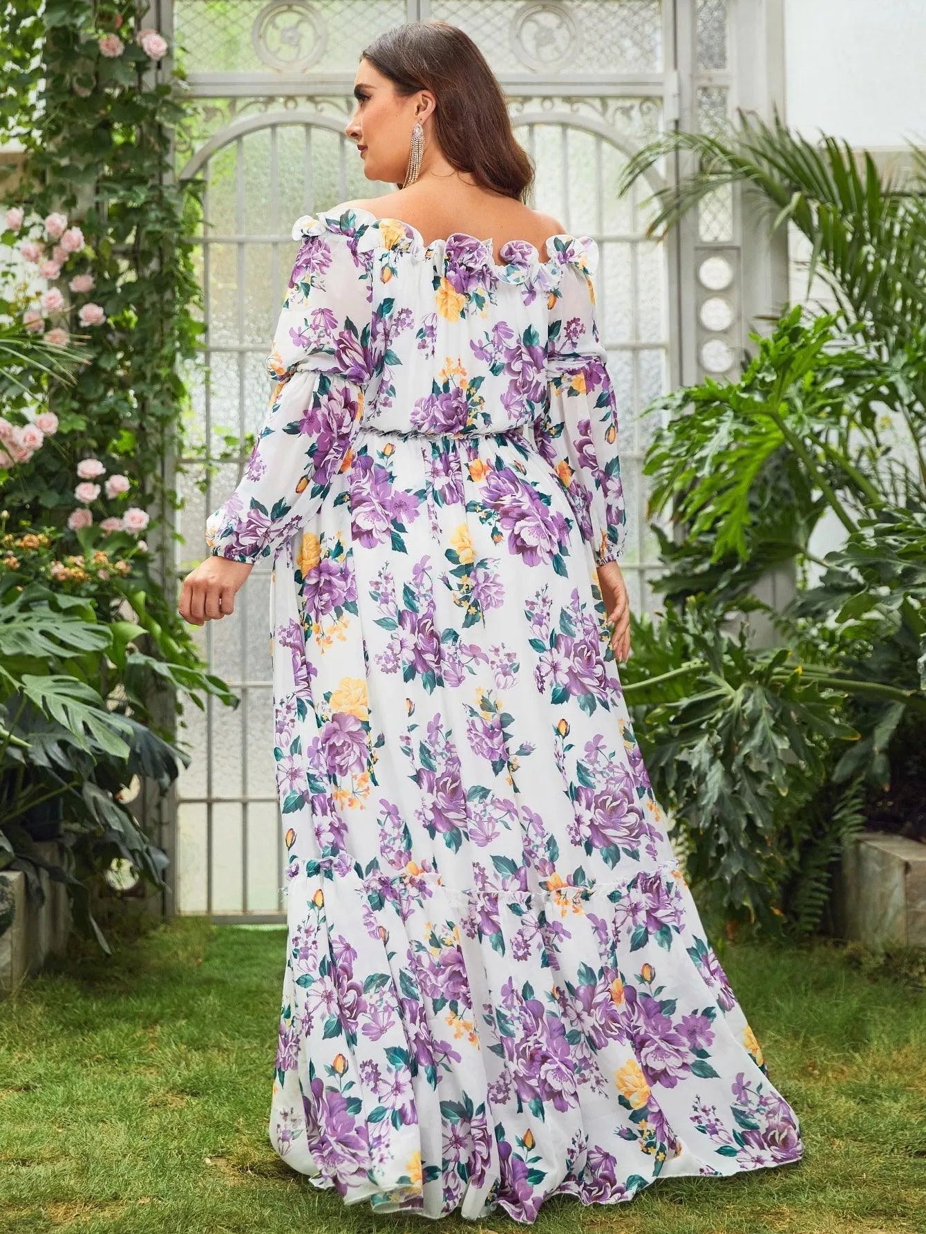 Plus-Size Off-Shoulder Chiffon Floral Long-Sleeve A-Line Evening Gown — authorized product image 2