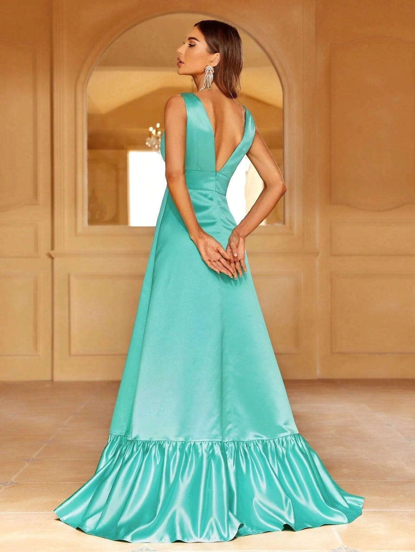 Plunging Ruffle Sleeveless A-Line Evening Gown — authorized product image 2