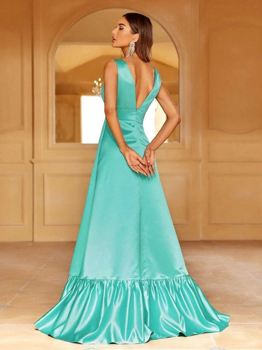 Plunging Ruffle Sleeveless A-Line Evening Gown — authorized product image 2
