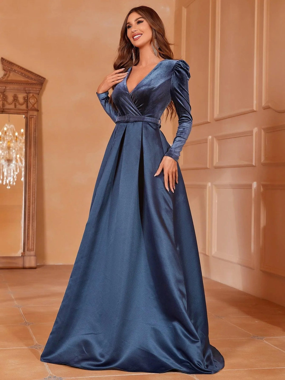 Additional product view of Surplice-Neck Belted V-Neck Satin A-Line Evening Gown