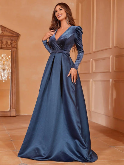 Additional product view of Surplice-Neck Belted V-Neck Satin A-Line Evening Gown