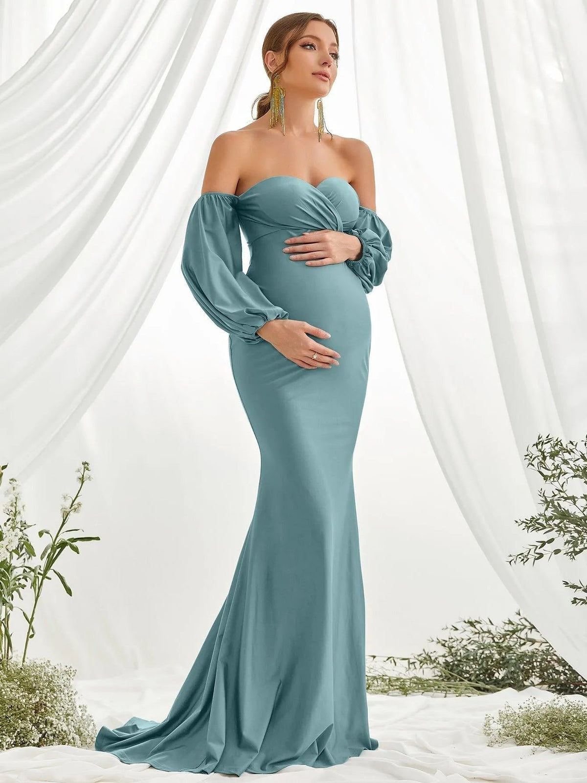 Additional product view of Off-Shoulder Knit Mermaid Long-Sleeve Maxi Maternity Evening Dress
