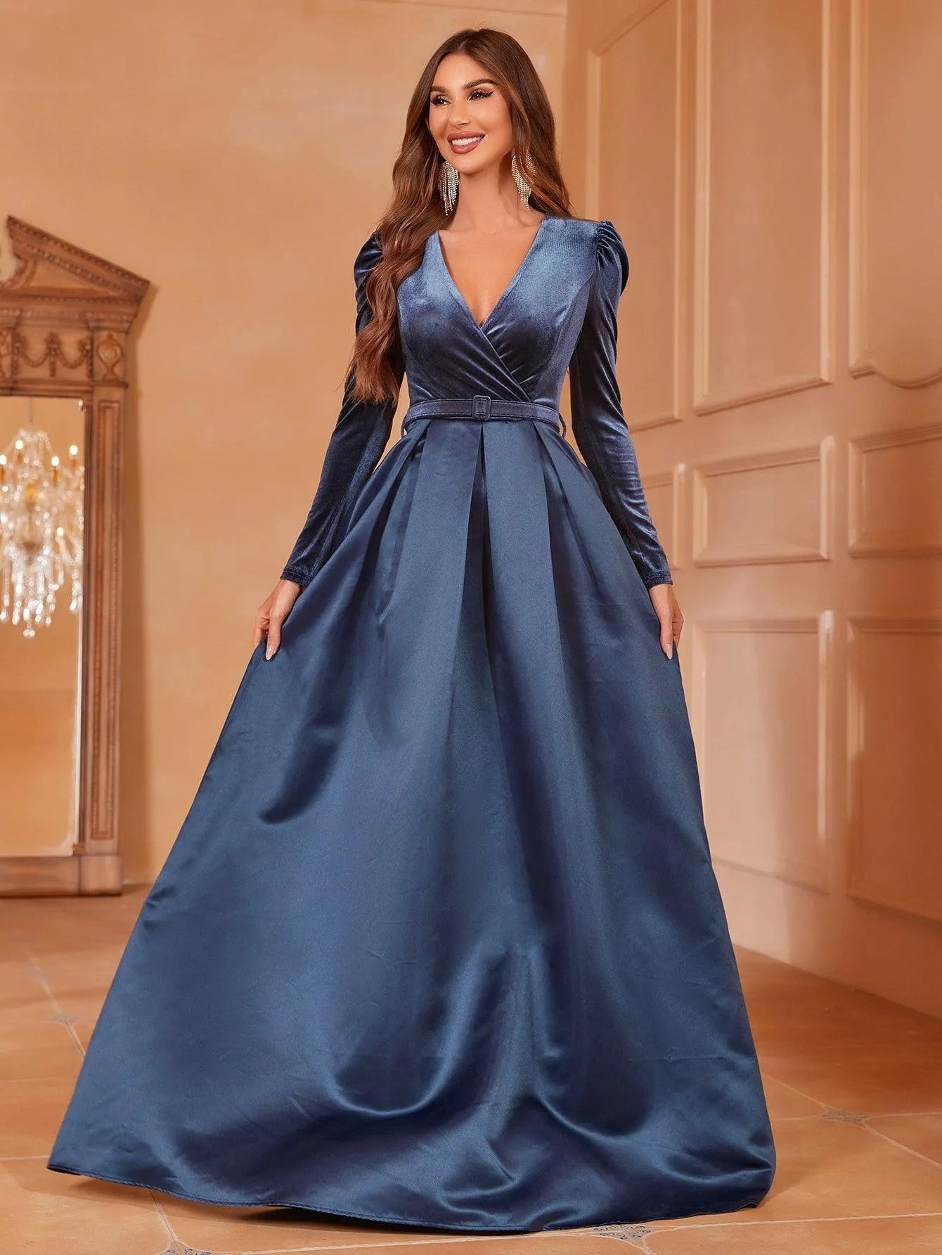 Surplice-Neck Belted V-Neck Satin A-Line Evening Gown in Navy blue
