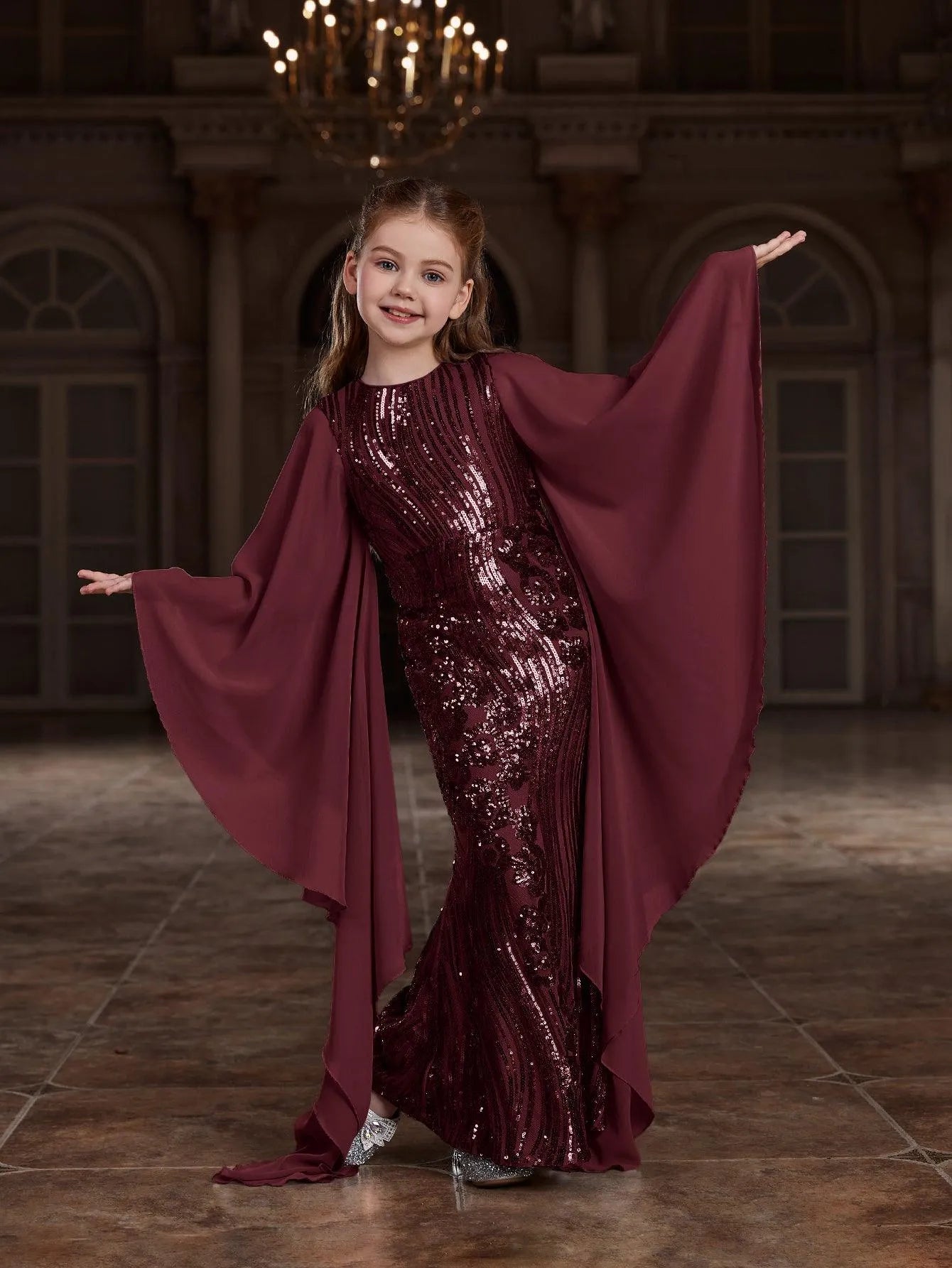 Tween Girls' Round Neck Sequin Long-Sleeve Mermaid Formal Gown — authorized product image 11