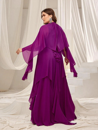 Plus Mock Neck Layered Hem Chiffon Evening Dress