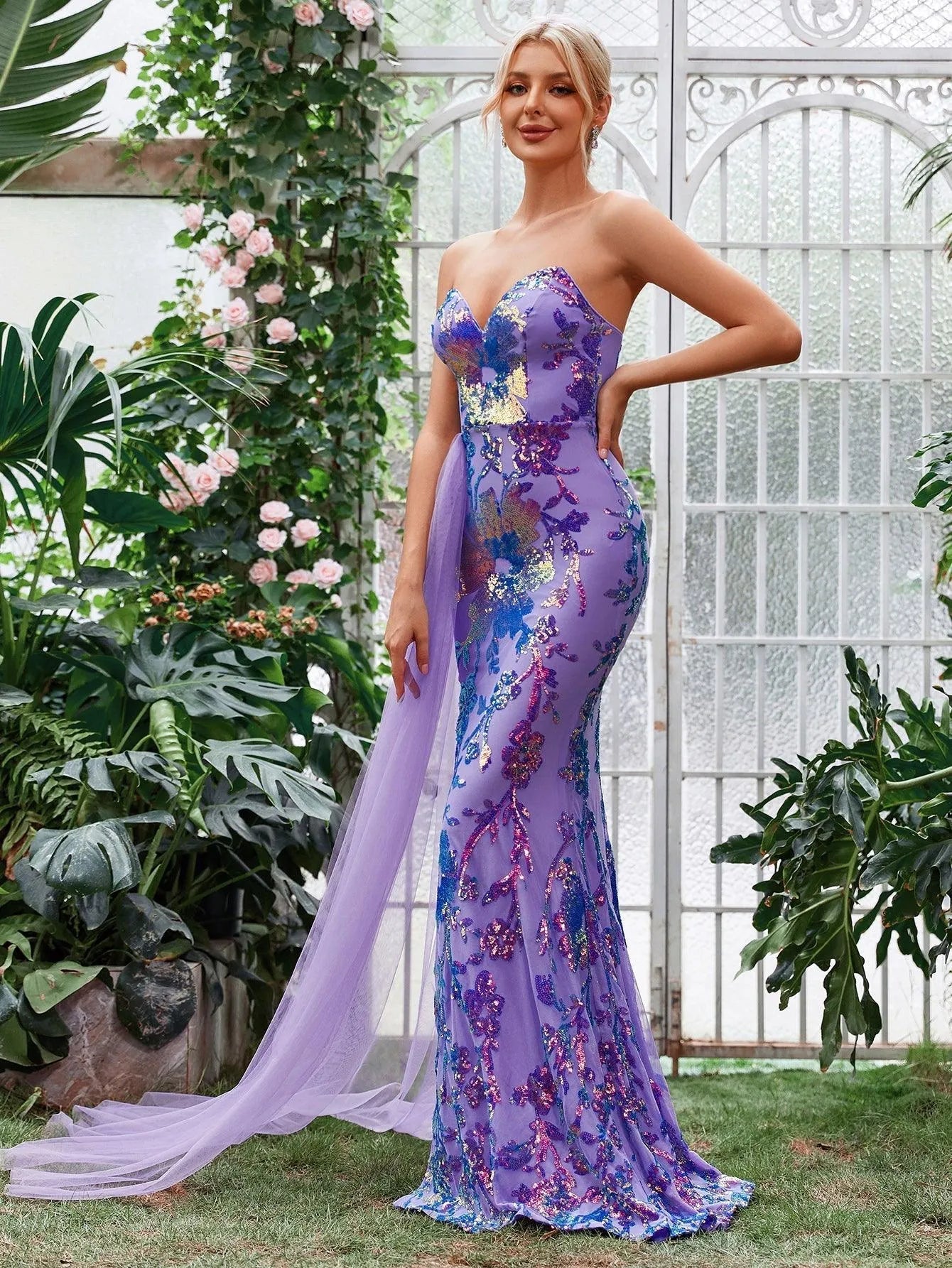 Draped Side Split Thigh Jacquard Sequin Tube Party Dress — authorized product image 3