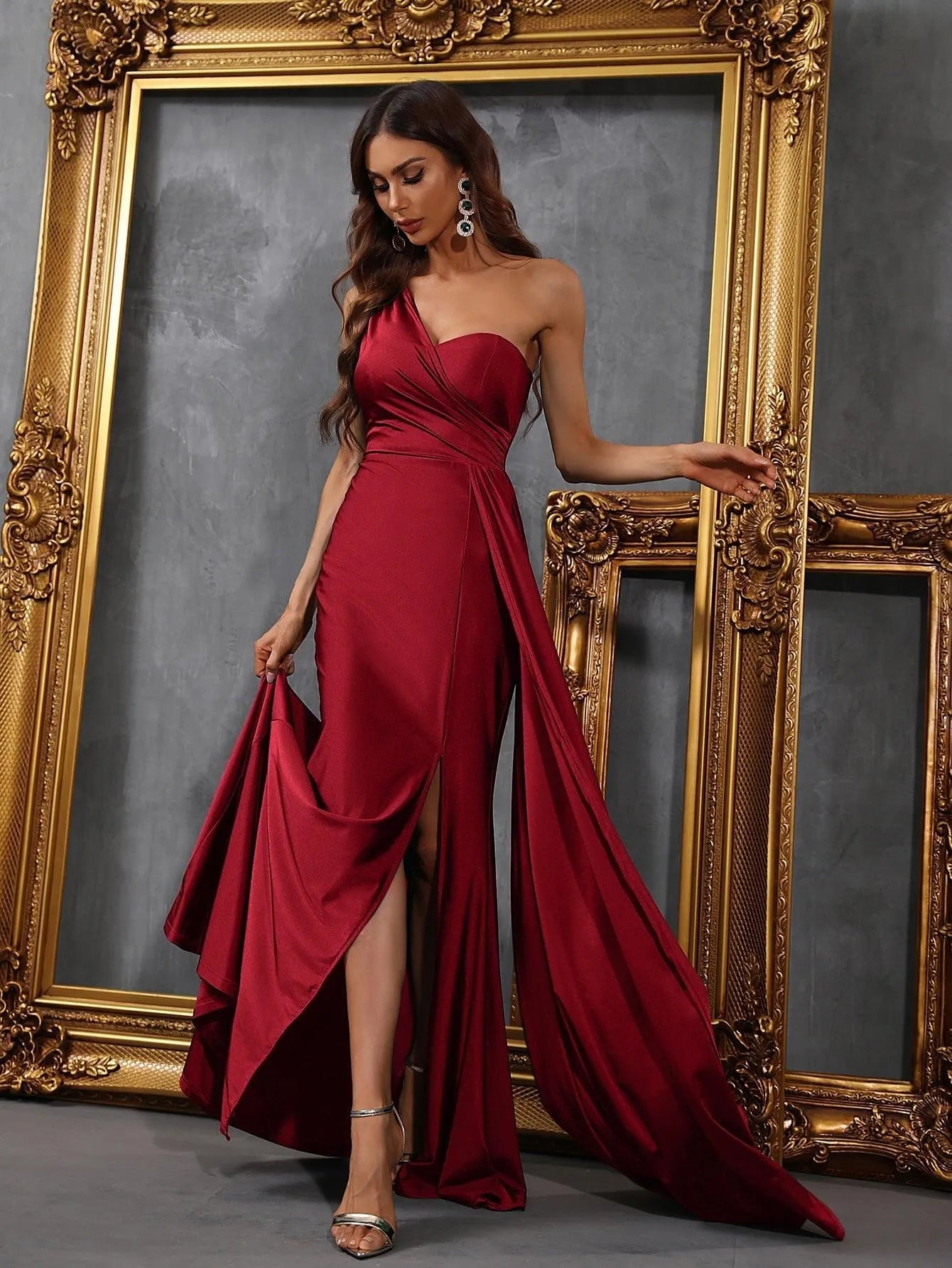 Additional product view of Draped Side High-Slit One-Shoulder Knit Mermaid Evening Gown