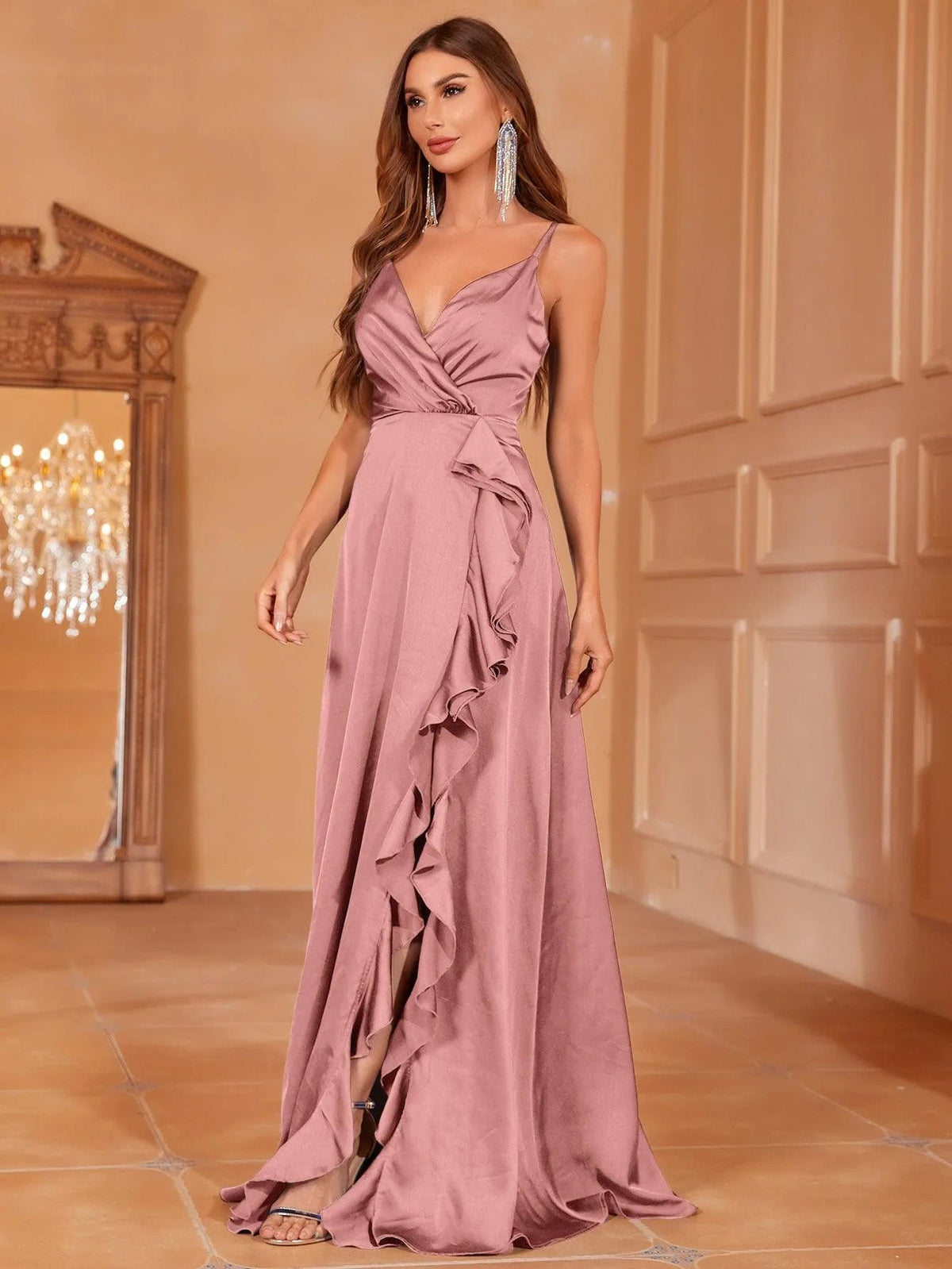 Additional product view of Ruffle Trim Cami Strap Satin High-Slit A-Line Evening Gown