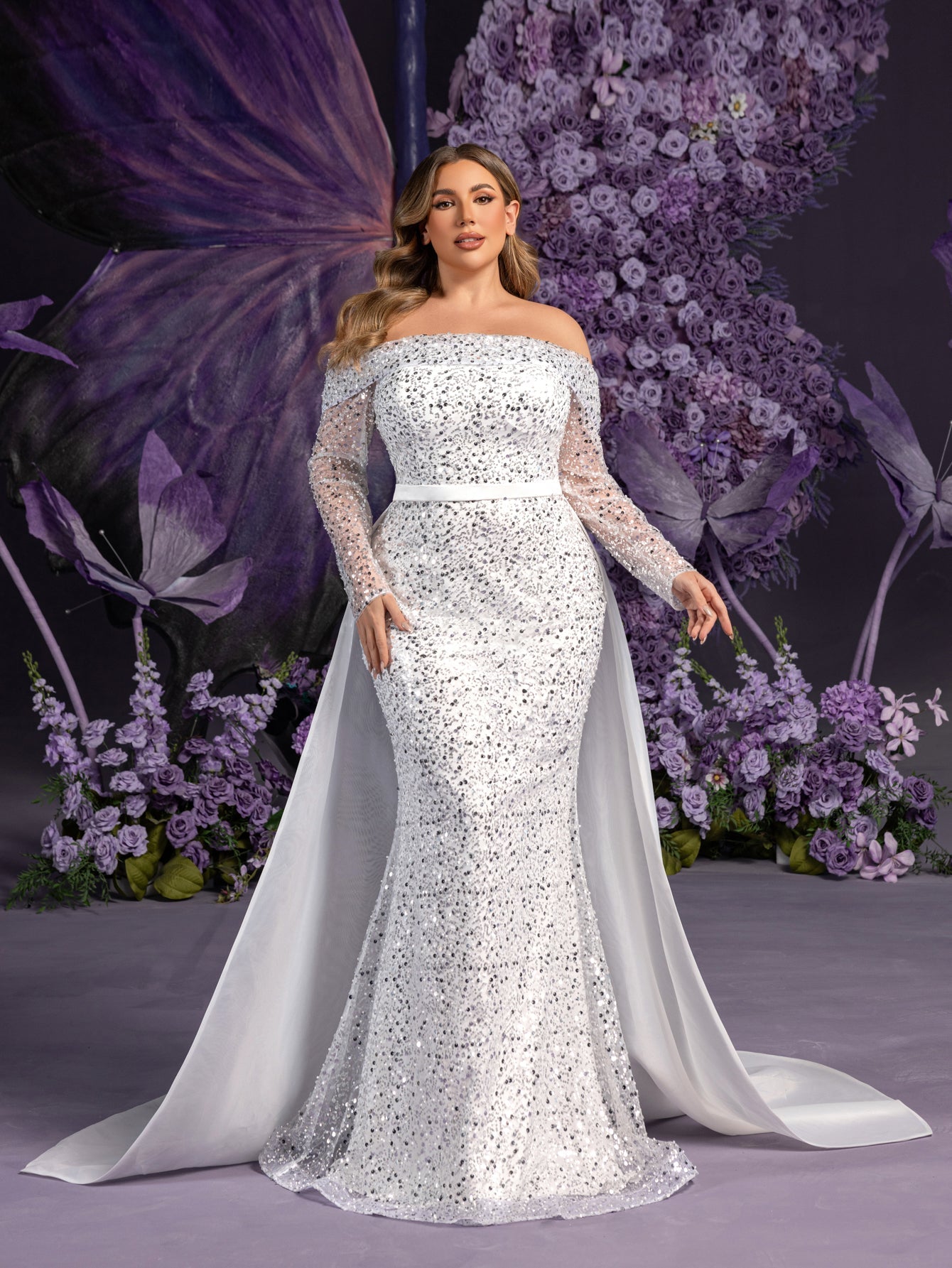 Mermaid Hem Plus-Size Satin Off-Shoulder Long-Sleeve Wedding Dress in White
