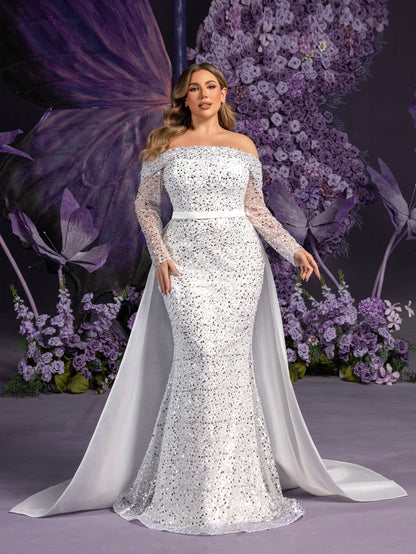 Mermaid Hem Plus-Size Satin Off-Shoulder Long-Sleeve Wedding Dress in White
