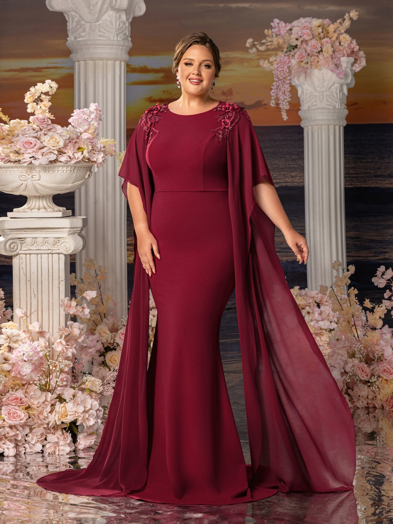 Floral Appliqué Plus-Size Chiffon Long-Sleeve Mermaid Mother-of-the-Bride Dress in Burgundy