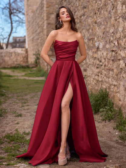 Strapless Lace Satin Sleeveless A-Line Evening Gown in Burgundy
