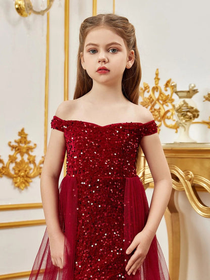 Additional product view of Mesh Overlay Off-Shoulder Sequin Mermaid Short-Sleeve Maxi Tween Girls' Party Dress