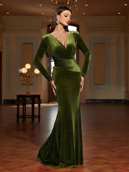 Elegant V-Neck Long Sleeve Velvet Mermaid Dress – view 11