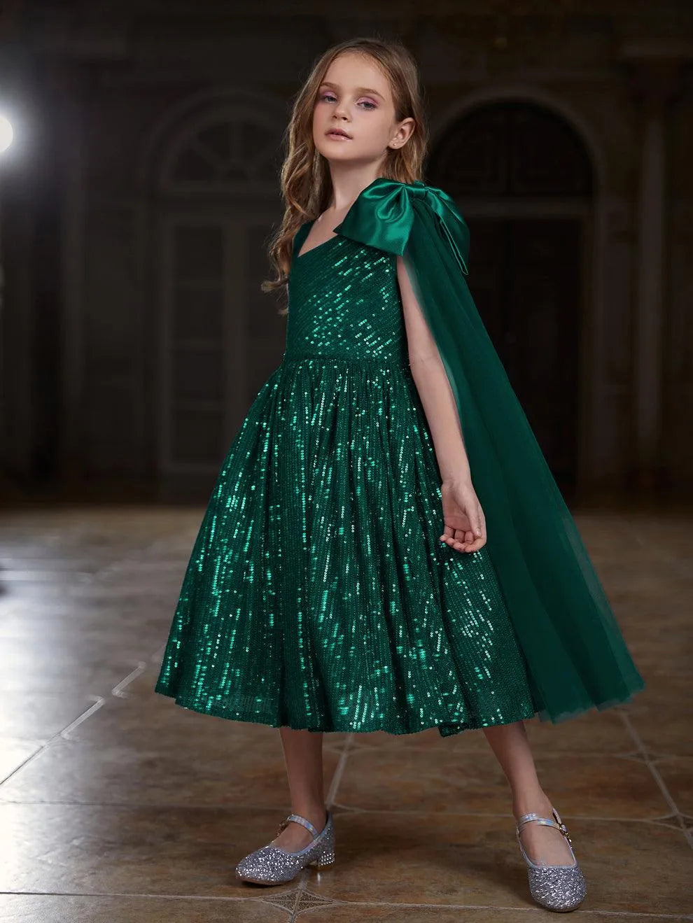 Additional product view of Draped Side Bow Detail One-Shoulder Sequin A-Line Tween Girls' Party Dress