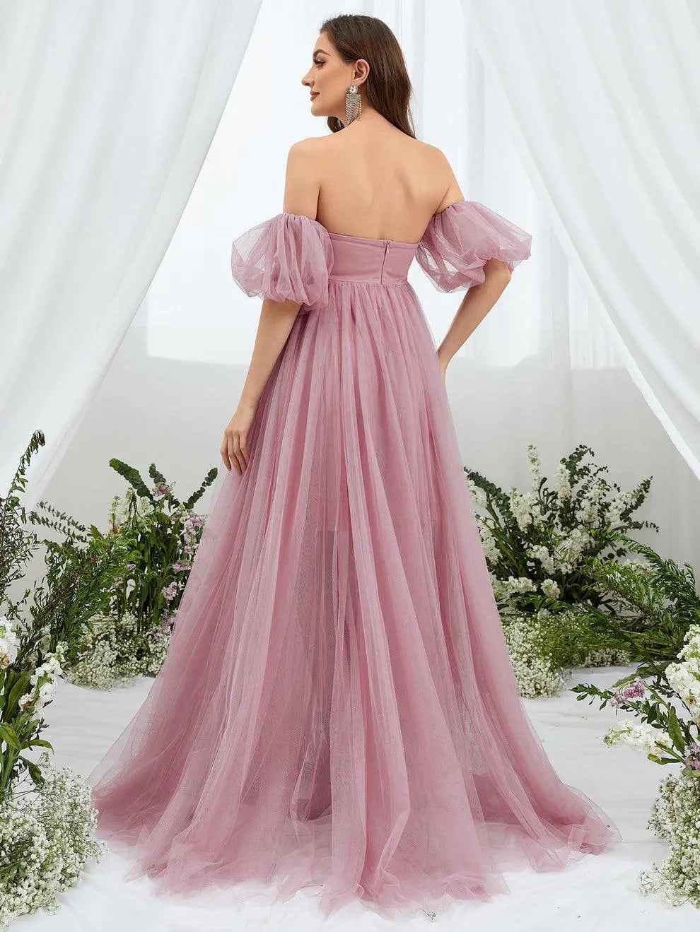 Additional product view of Mesh Overlay Puff-Sleeve Off-Shoulder A-Line Maxi Maternity Evening Dress