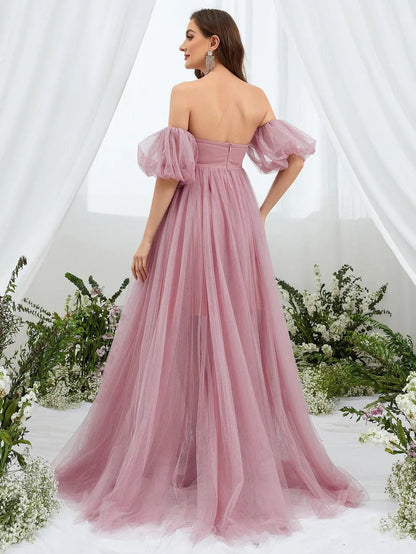 Additional product view of Mesh Overlay Puff-Sleeve Off-Shoulder A-Line Maxi Maternity Evening Dress