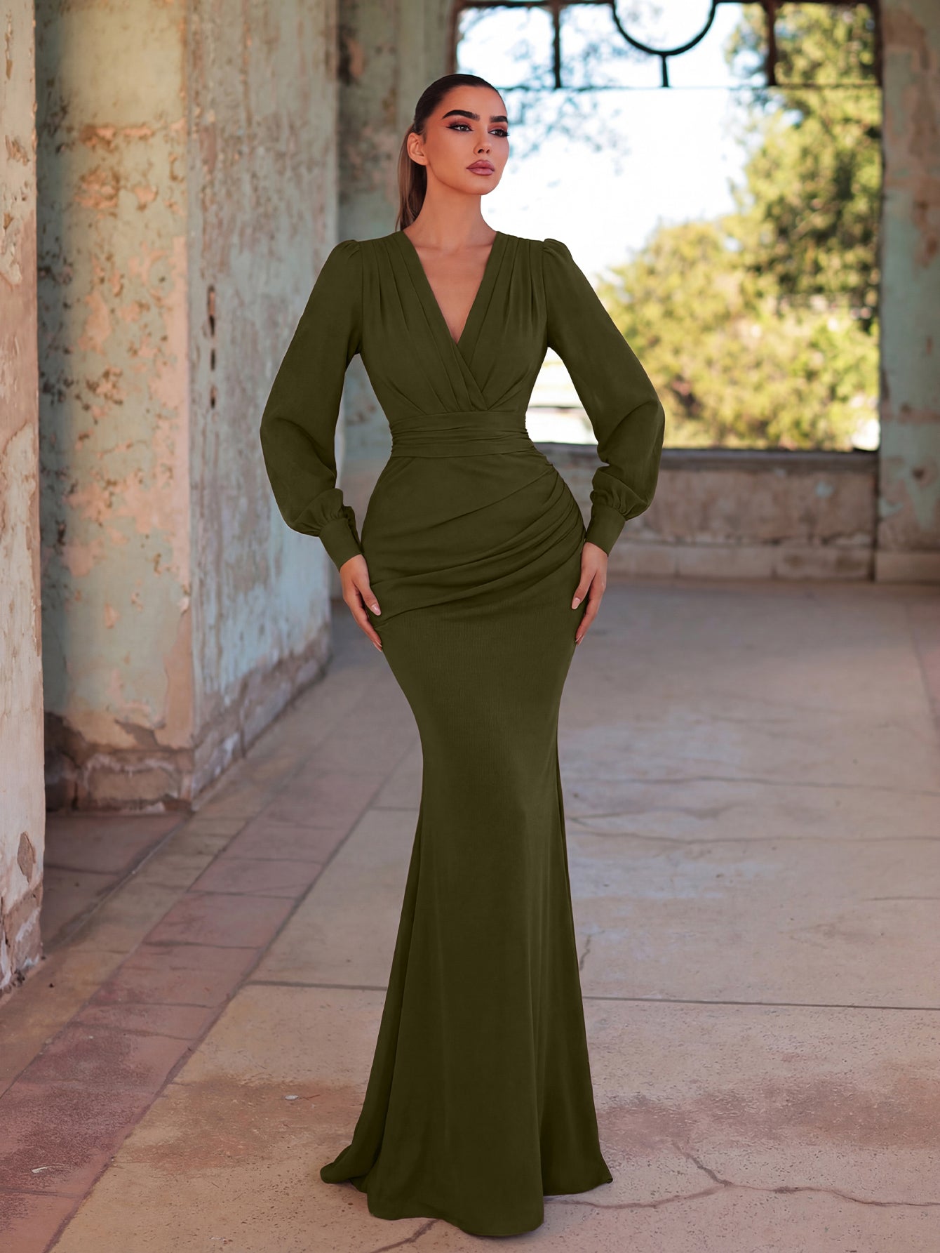 Additional product view of Surplice-Neck V-Neck Chiffon Mermaid Long-Sleeve Evening Gown