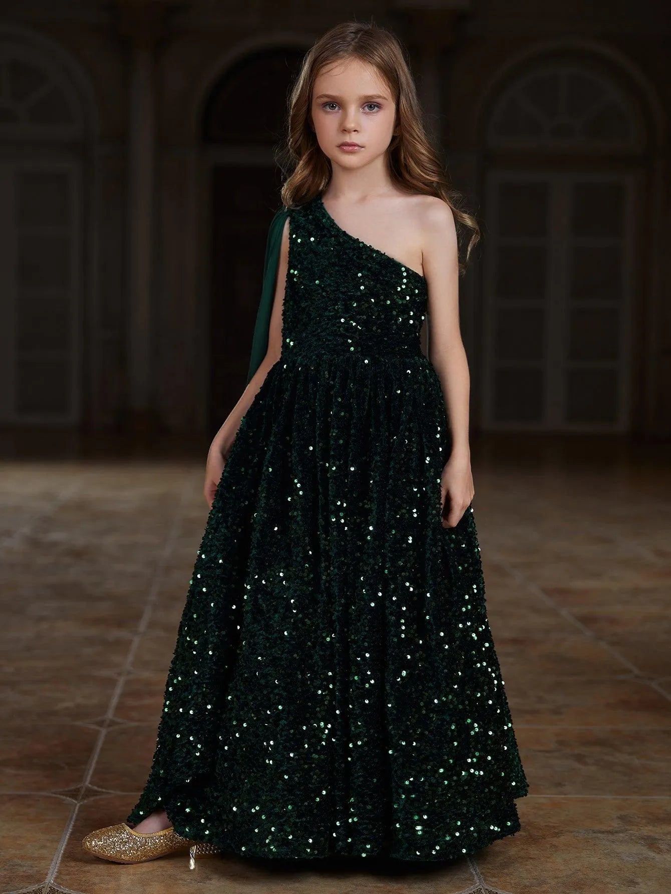 Tween Girls' One-Shoulder Draped Side Sequin A-Line Dress — authorized product image 3