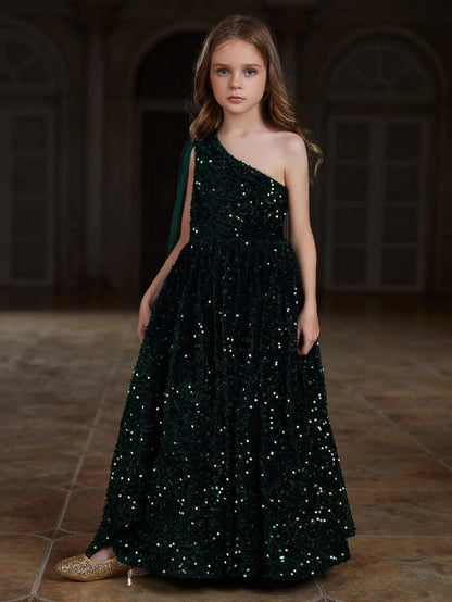 Tween Girls' One-Shoulder Draped Side Sequin A-Line Dress — authorized product image 3