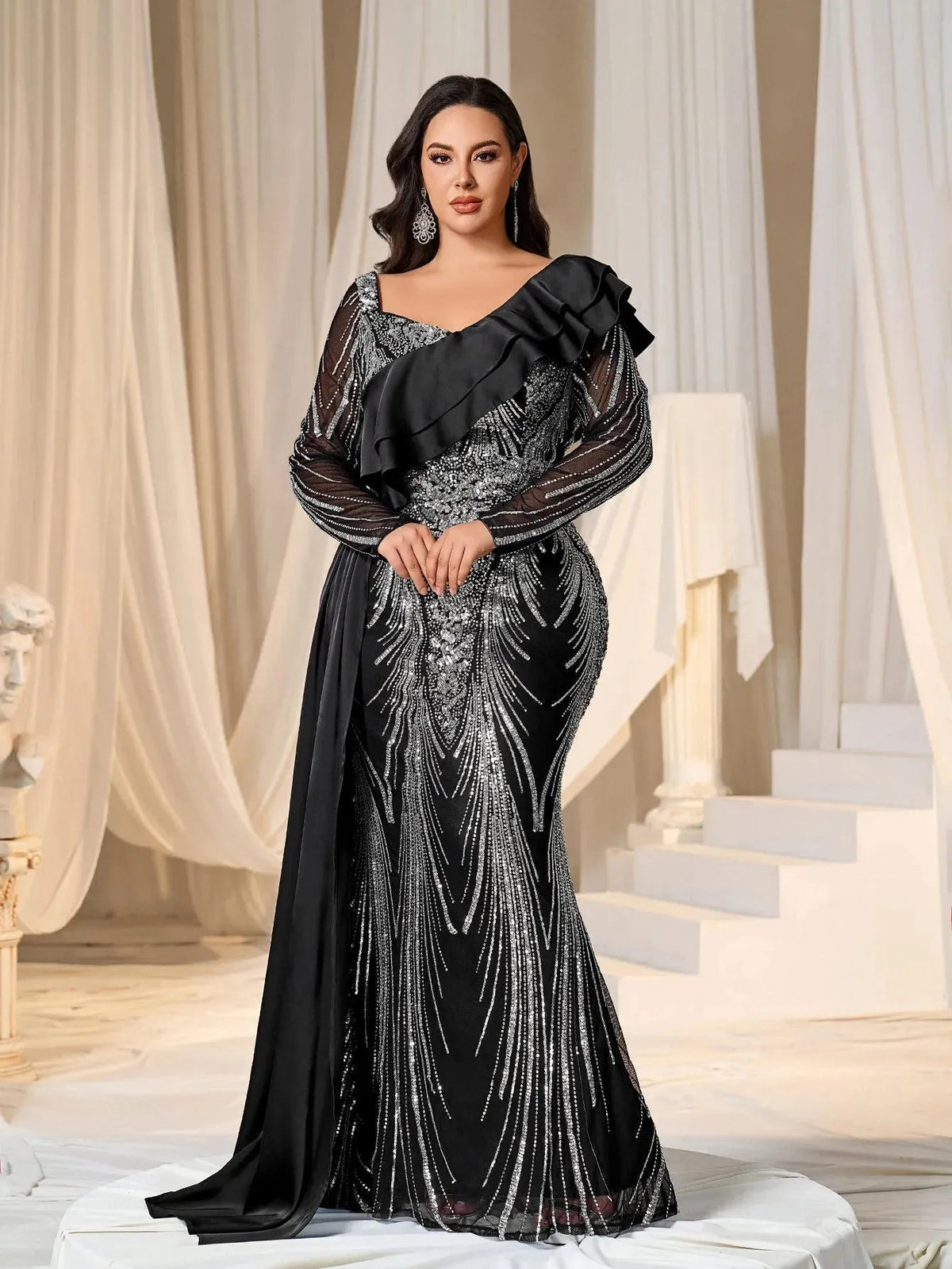 Plus Asymmetrical Ruffle Trim Mermaid Hem Graphic Sequin Formal Dress Evening Dress