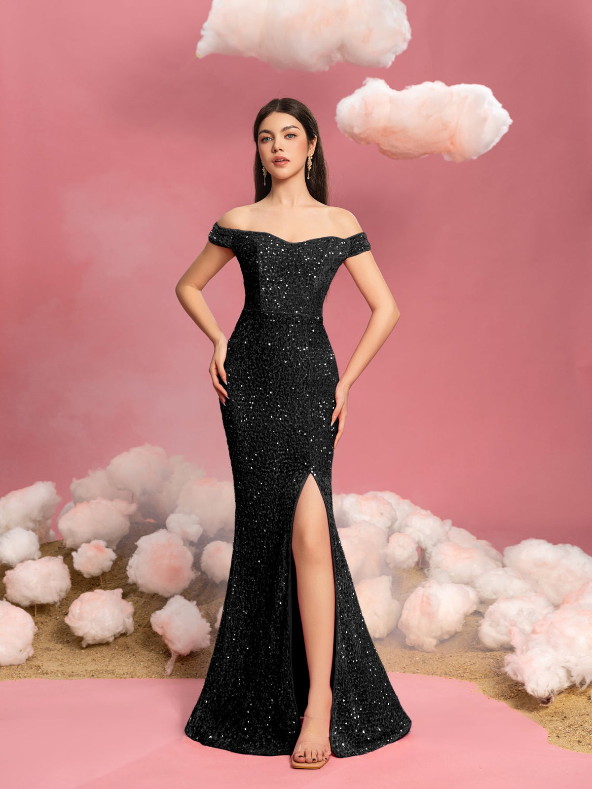 Alternate view of Mermaid Hem Off-Shoulder Sequin Short-Sleeve Maxi Teen Girls' Party Dress in Black