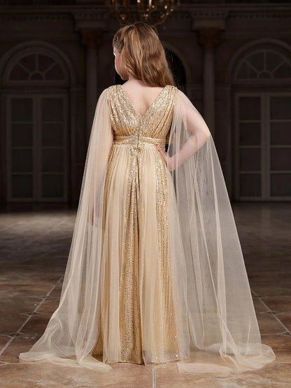 Additional product view of Contrast Mesh Cape-Sleeve V-Neck Sequin A-Line Tween Girls' Party Dress