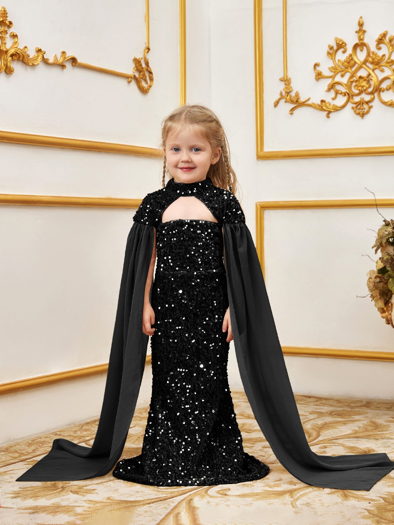 Alternate view of Cape-Sleeve Mock-Neck Sequin Mermaid Maxi Young Girls' Party Dress in Black