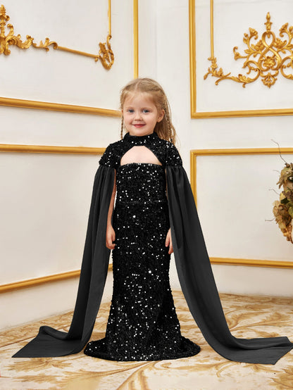 Alternate view of Cape-Sleeve Mock-Neck Sequin Mermaid Maxi Young Girls' Party Dress in Black