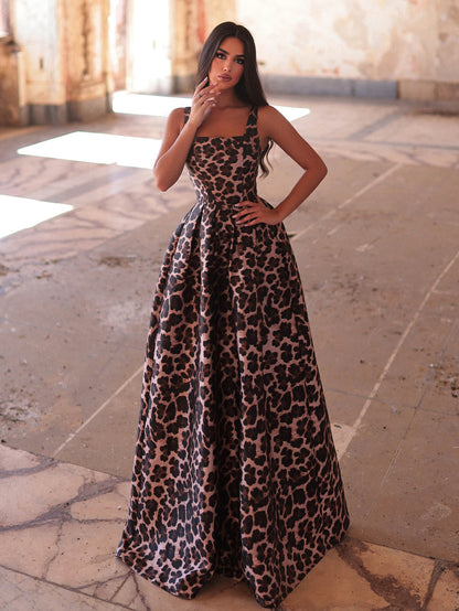 Additional product view of Square-Neck Satin A-Line Sleeveless Maxi Evening Gown