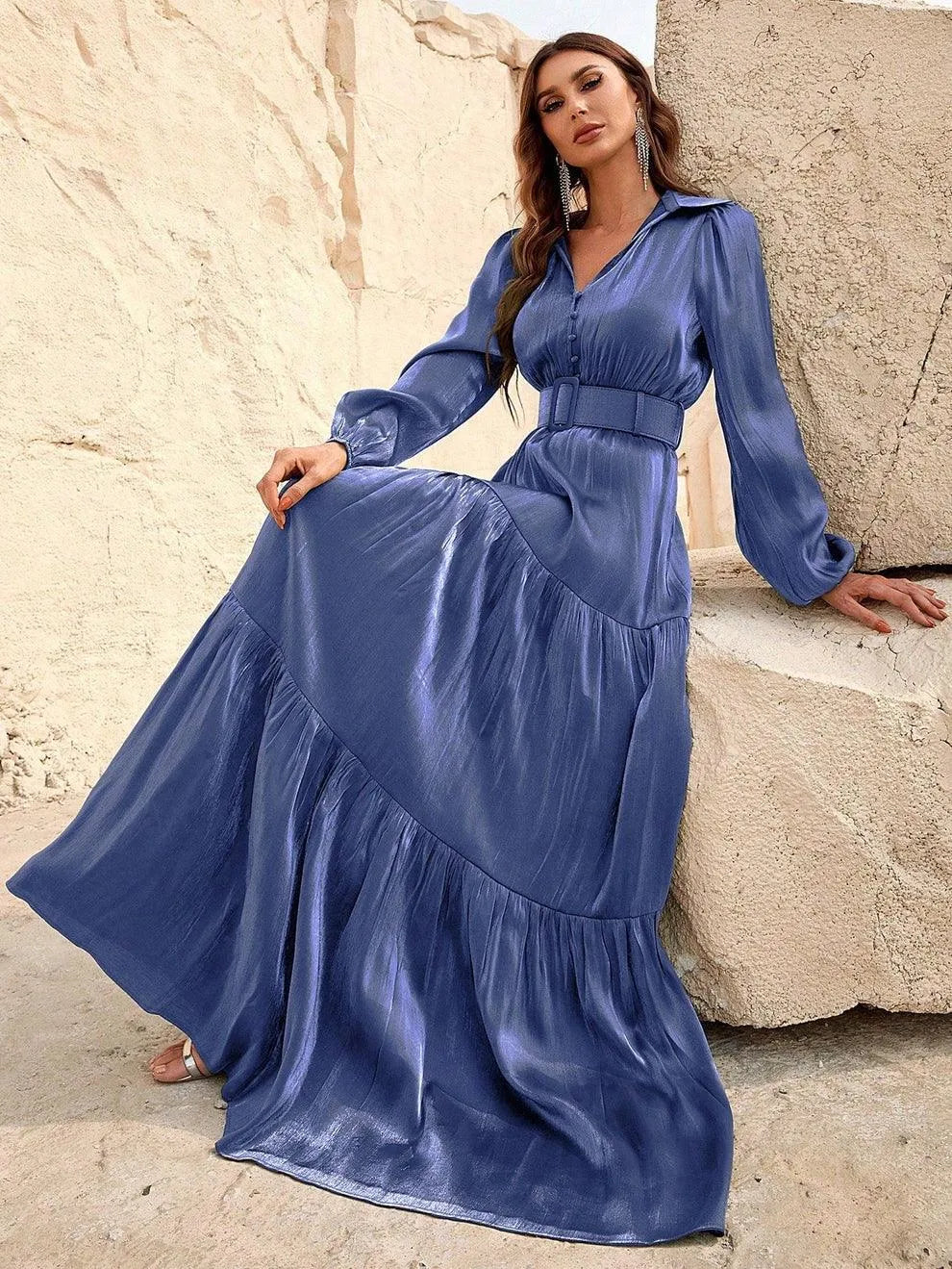 Additional product view of Belted Chiffon A-Line Long-Sleeve Maxi Evening Gown