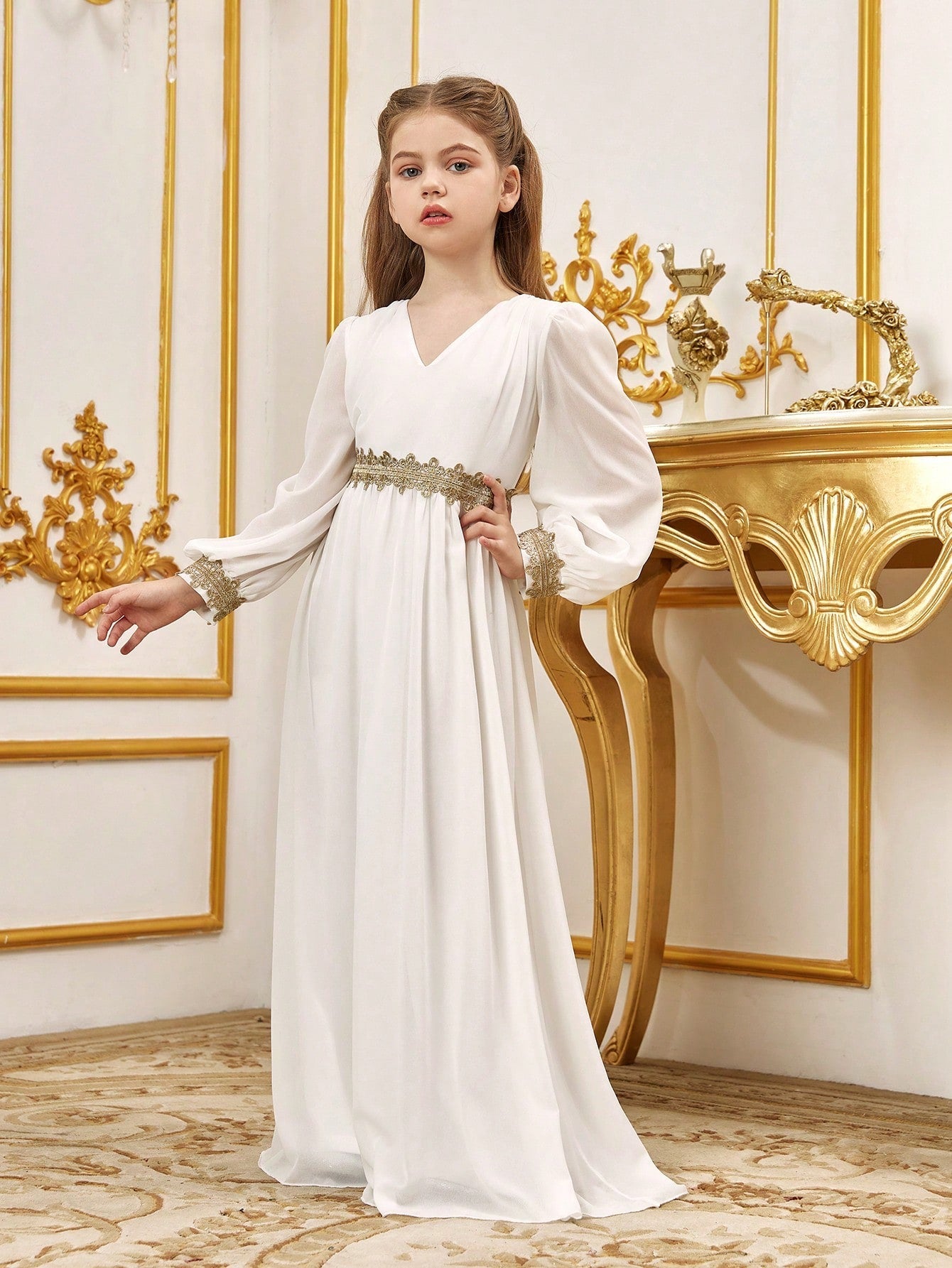 Tween Girls' Lace Trim Decoration V-neck Bishop Sleeves Chiffon Party Dress – view 5