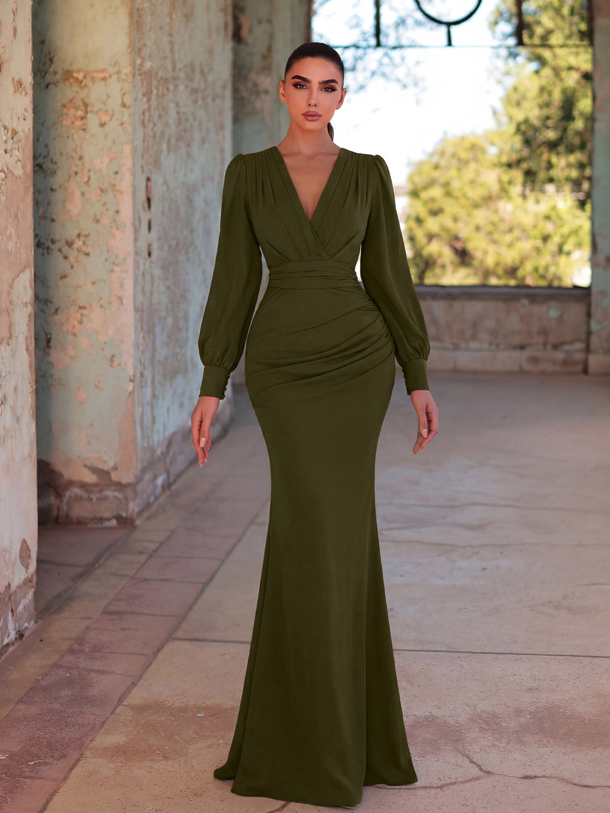 Alternate view of Surplice-Neck V-Neck Chiffon Mermaid Long-Sleeve Evening Gown in Army Green