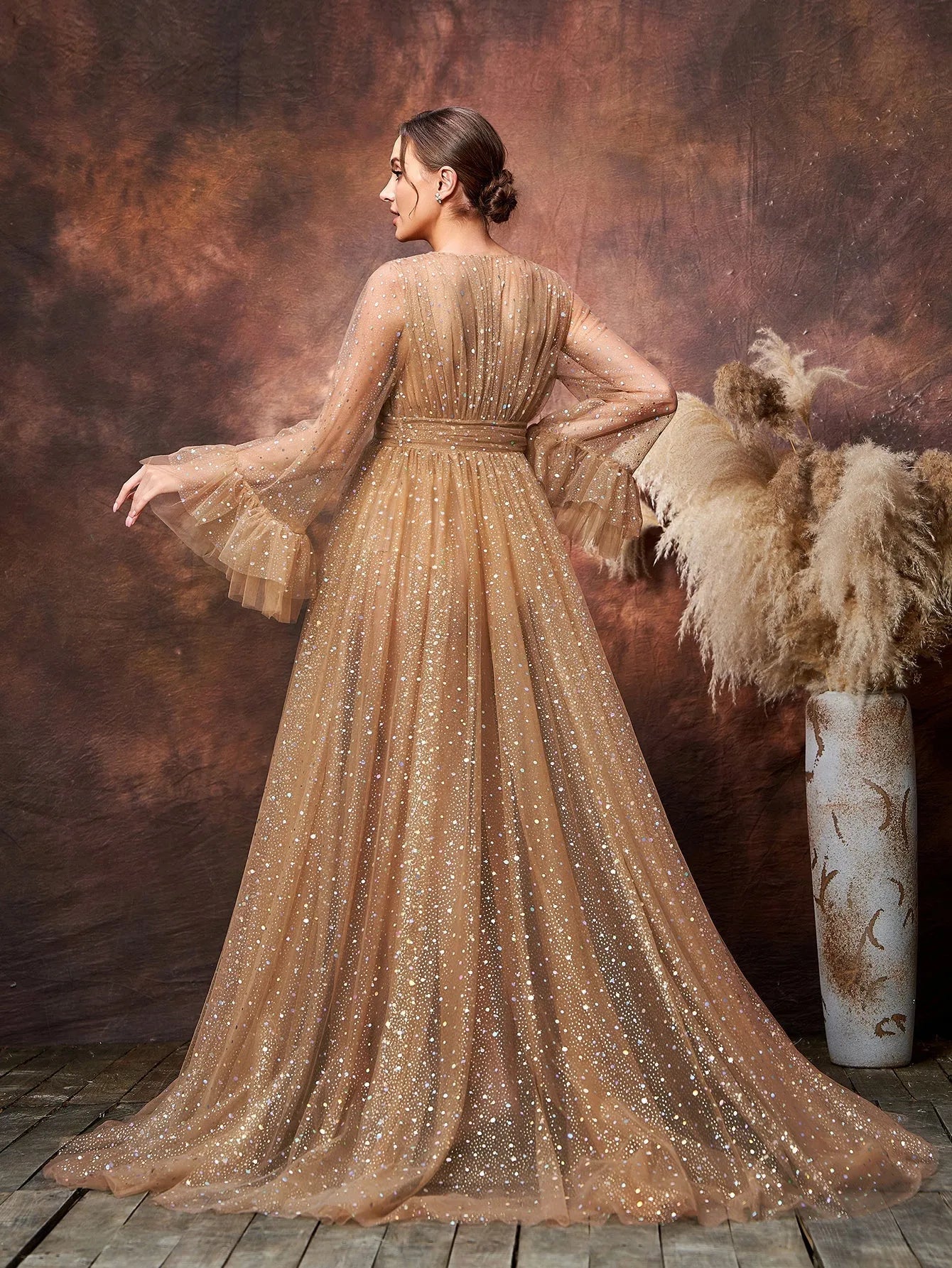 Additional product view of Deep V-Neck Mesh A-Line Long-Sleeve Sequin Maternity Formal Dress