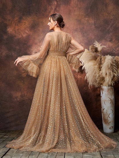 Additional product view of Deep V-Neck Mesh A-Line Long-Sleeve Sequin Maternity Formal Dress