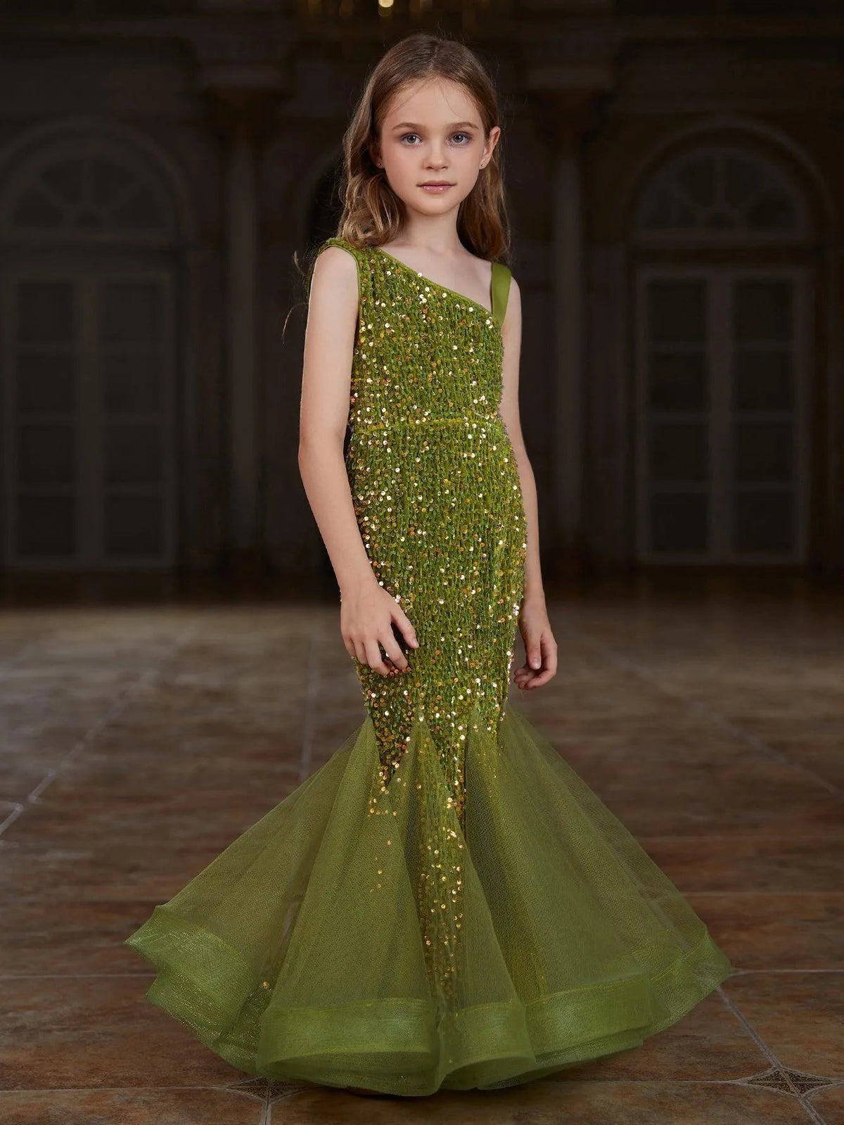 Mesh Insert Mermaid Hem One-Shoulder Sequin Sleeveless Tween Girls' Party Dress in Olive Green