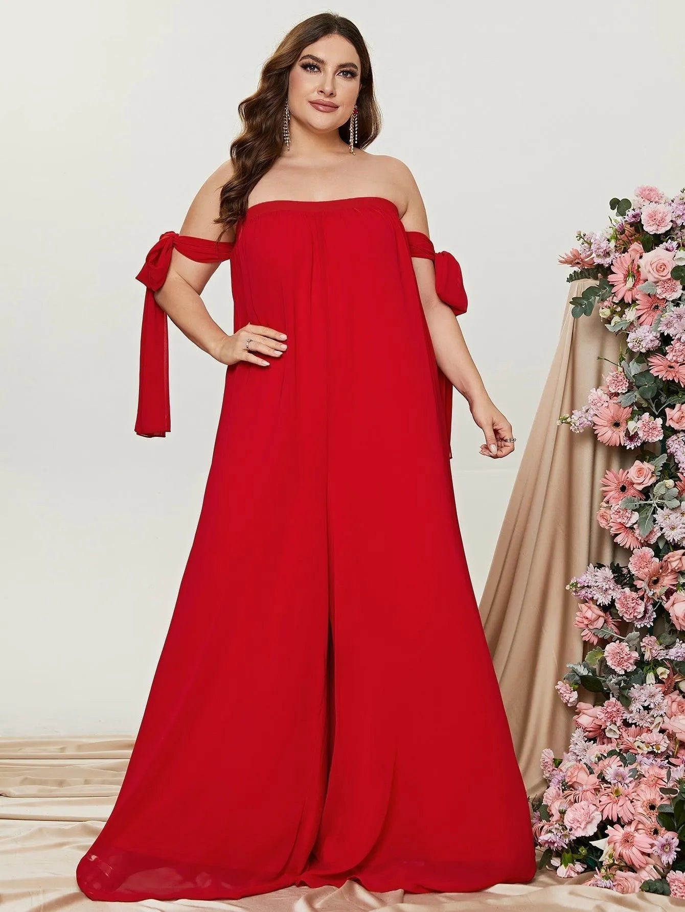 Plus-Size Off-Shoulder Chiffon Sleeveless Formal Jumpsuit in Red