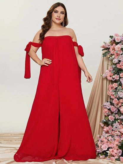 Plus-Size Off-Shoulder Chiffon Sleeveless Formal Jumpsuit in Red