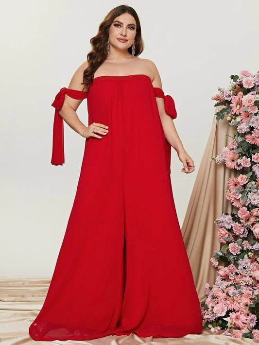 Plus-Size Off-Shoulder Chiffon Sleeveless Formal Jumpsuit in Red