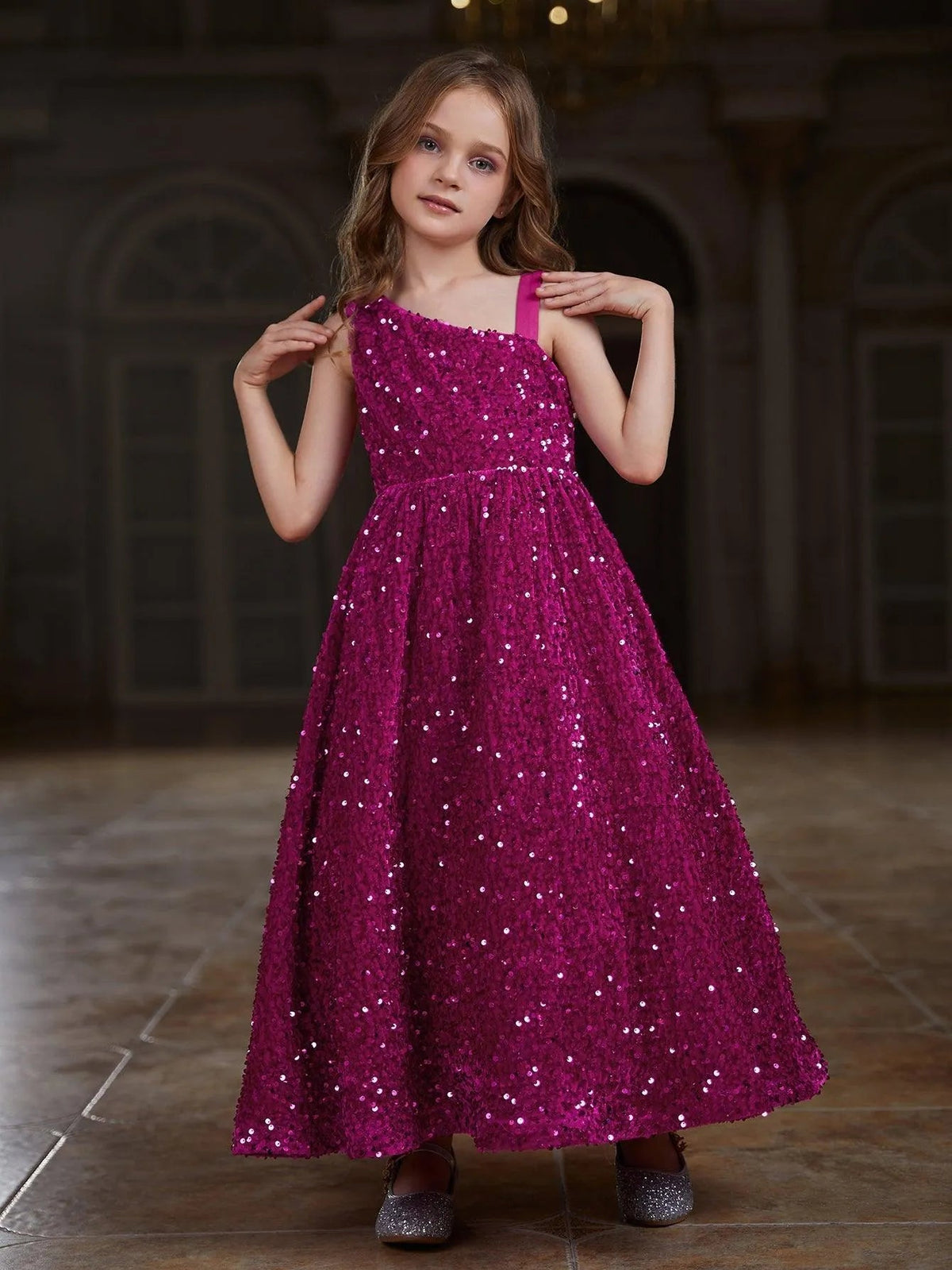 Asymmetrical Neckline Sequin A-Line Sleeveless Maxi Tween Girls' Party Dress in Hot Pink