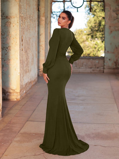 Additional product view of Surplice-Neck V-Neck Chiffon Mermaid Long-Sleeve Evening Gown