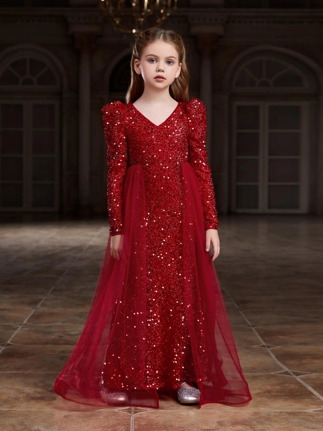 Additional product view of Mesh Overlay V-Neck Sequin Mermaid Long-Sleeve Tween Girls' Party Dress
