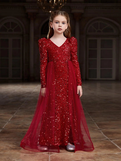 Additional product view of Mesh Overlay V-Neck Sequin Mermaid Long-Sleeve Tween Girls' Party Dress