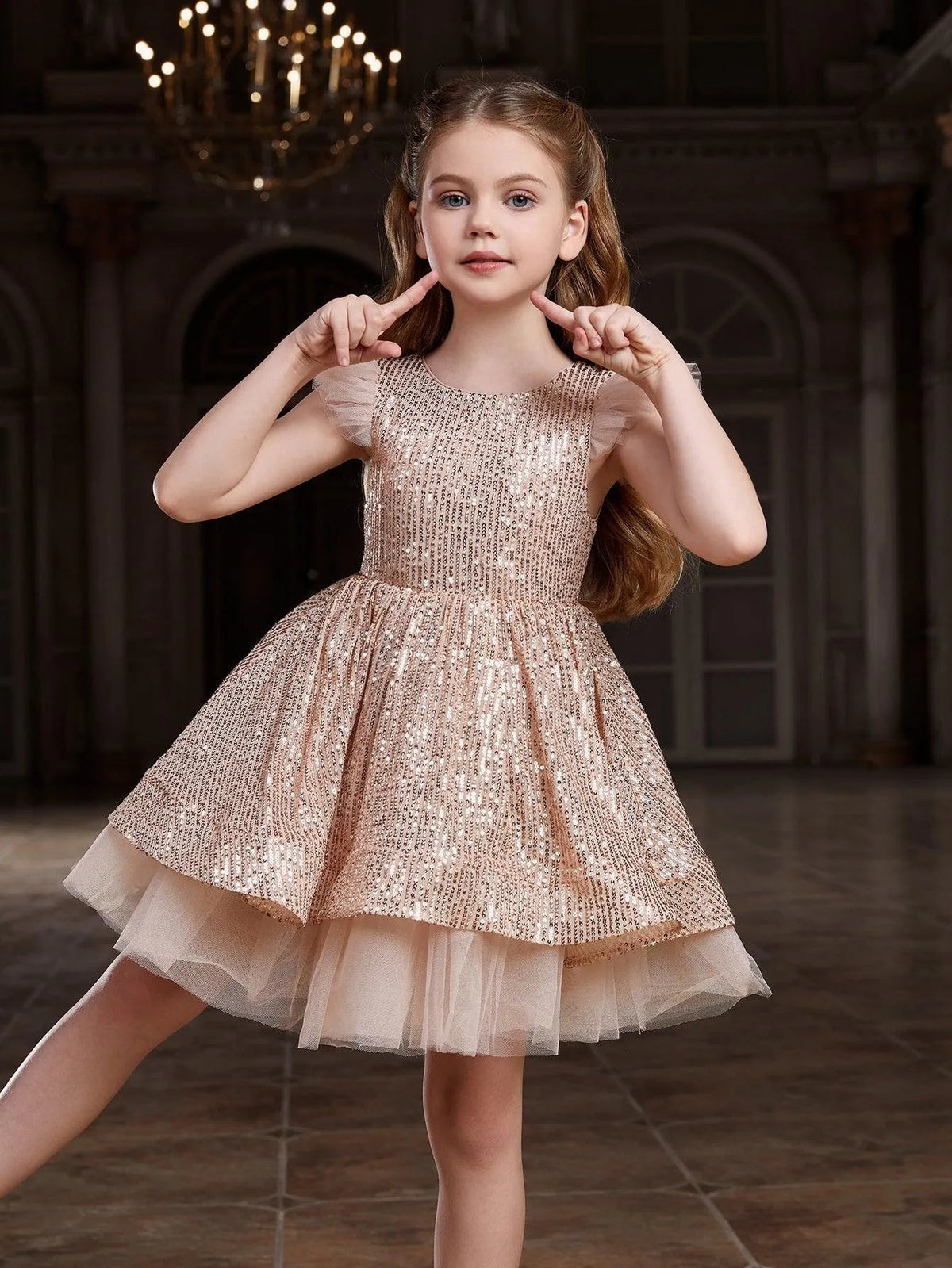 Cap-Sleeve Sequin A-Line Midi Tween Girls' Party Dress in Champagne