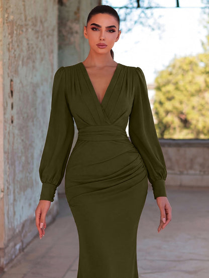 Additional product view of Surplice-Neck V-Neck Chiffon Mermaid Long-Sleeve Evening Gown