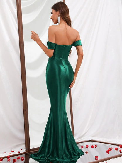 Additional product view of Mermaid Hem Off-Shoulder Satin Sleeveless Maxi Evening Gown